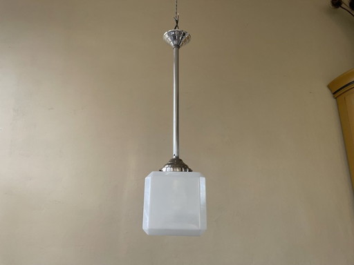 Lampe Pendentif Plafonnier Art Déco 1930 Cube Verre Blanc Français