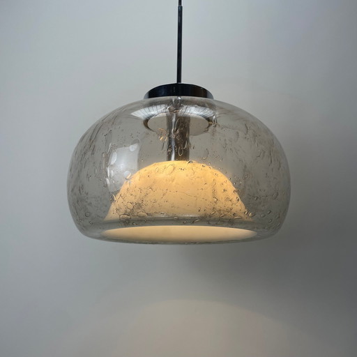 Rare lampe suspendue Xl en verre bullé et chrome par Doria Leuchten 1970