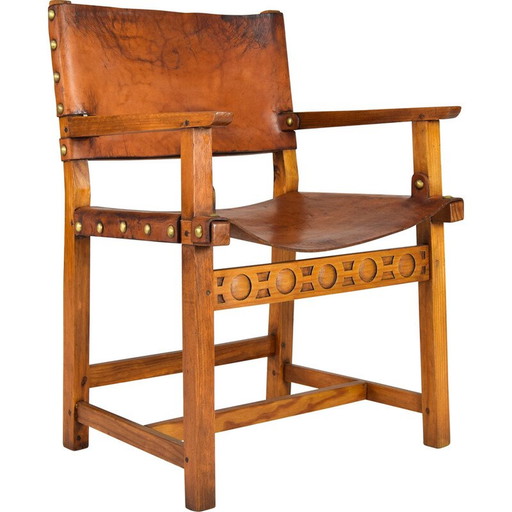 Fauteuil vintage Castellana en chêne et cuir cognac, Espagne