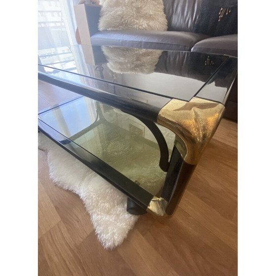 Image 1 of Table basse vintage noire et dorée sur roulettes, 1980