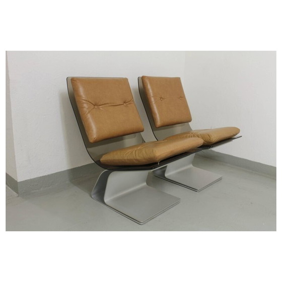 Image 1 of Paire de chaises vintage en verre, skaï et acier anodisé par Maison Jansen, France 1970
