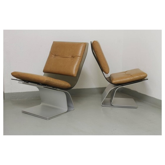 Image 1 of Paire de chaises vintage en verre, skaï et acier anodisé par Maison Jansen, France 1970