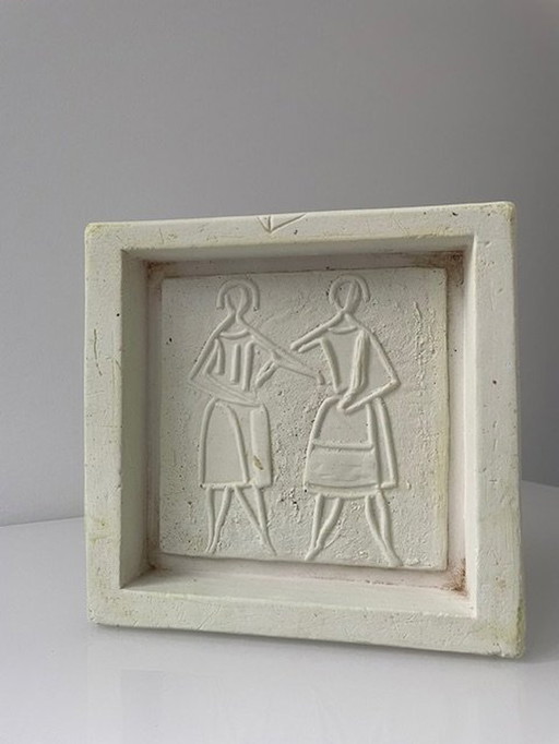 Statue en plâtre / Tablette Retro Avec Bas Relief 2 Figures Féminines