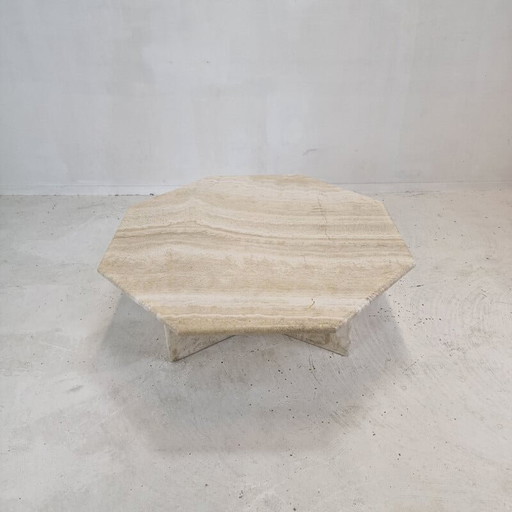 Table basse octogonale italienne en travertin, 1980