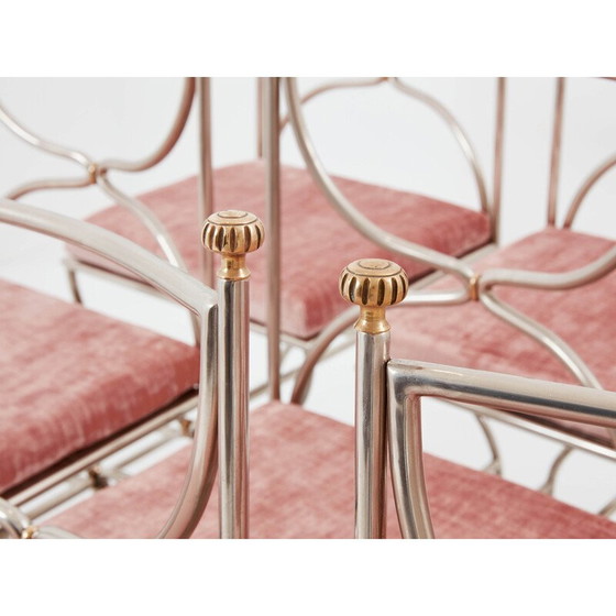 Image 1 of Ensemble de 12 chaises vintage "Curule Savonarola" en laiton et velours rose pour Maison Jansen, 1960