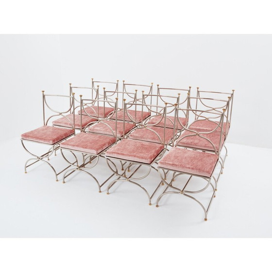Image 1 of Ensemble de 12 chaises vintage "Curule Savonarola" en laiton et velours rose pour Maison Jansen, 1960