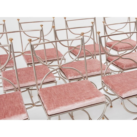 Image 1 of Ensemble de 12 chaises vintage "Curule Savonarola" en laiton et velours rose pour Maison Jansen, 1960