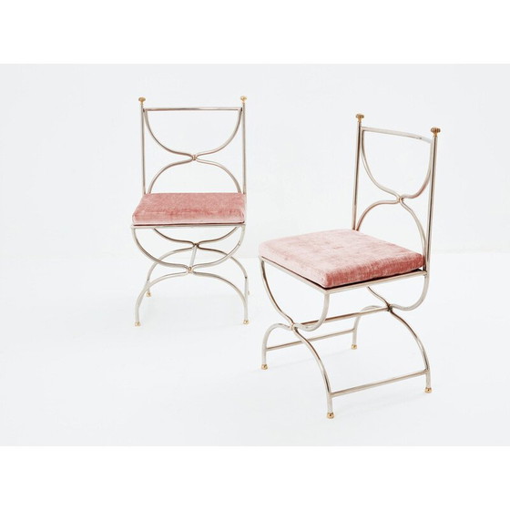 Image 1 of Ensemble de 12 chaises vintage "Curule Savonarola" en laiton et velours rose pour Maison Jansen, 1960