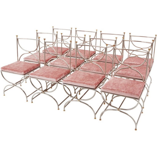 Ensemble de 12 chaises vintage "Curule Savonarola" en laiton et velours rose pour Maison Jansen, 1960