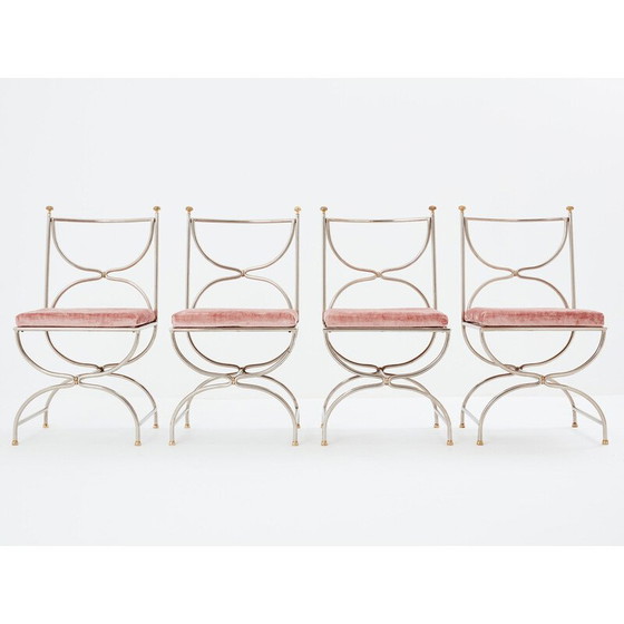 Image 1 of Ensemble de 12 chaises vintage "Curule Savonarola" en laiton et velours rose pour Maison Jansen, 1960