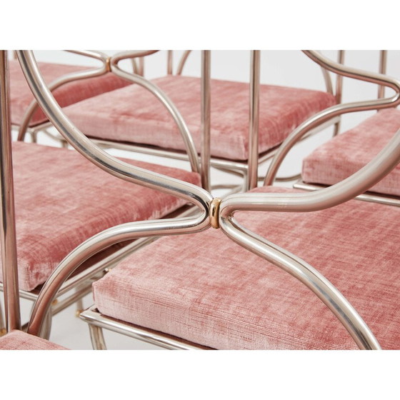 Image 1 of Ensemble de 12 chaises vintage "Curule Savonarola" en laiton et velours rose pour Maison Jansen, 1960