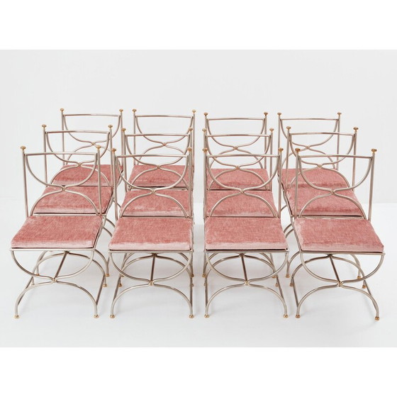 Image 1 of Ensemble de 12 chaises vintage "Curule Savonarola" en laiton et velours rose pour Maison Jansen, 1960