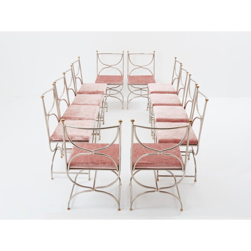 Ensemble de 12 chaises vintage "Curule Savonarola" en laiton et velours rose pour Maison Jansen, 1960