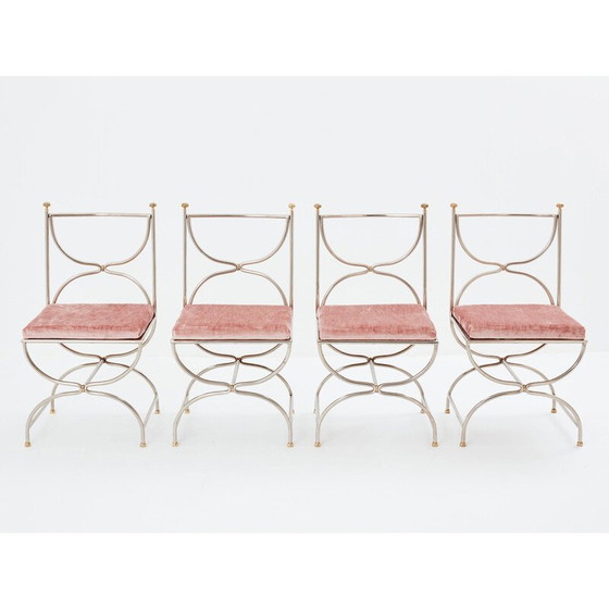 Image 1 of Ensemble de 12 chaises vintage "Curule Savonarola" en laiton et velours rose pour Maison Jansen, 1960