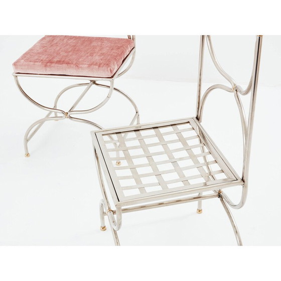 Image 1 of Ensemble de 12 chaises vintage "Curule Savonarola" en laiton et velours rose pour Maison Jansen, 1960