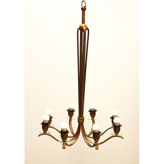 Image 1 of Lustre vintage en laiton et cristal, Italie 1950