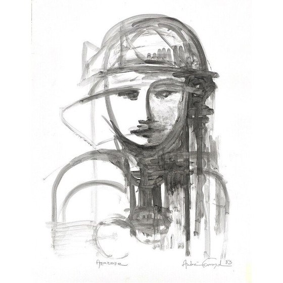 Image 1 of Peinture amazonienne vintage à l'encre diluée sur papier par André Ferrand