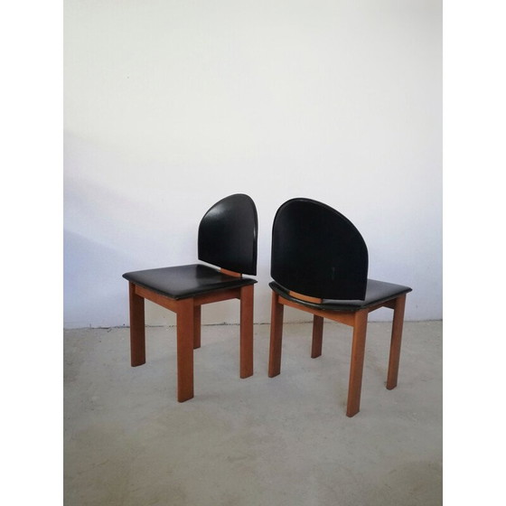 Image 1 of Ensemble de 4 chaises sculpturales vintage en cuir et bois massif par Mobil Girgi, 1970-1980