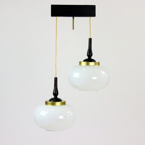 Image 1 of Lampe suspendue du milieu du siècle avec deux lumières en opaline, Tchécoslovaquie années 1960