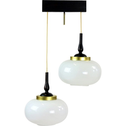 Lampe suspendue du milieu du siècle avec deux lumières en opaline, Tchécoslovaquie années 1960