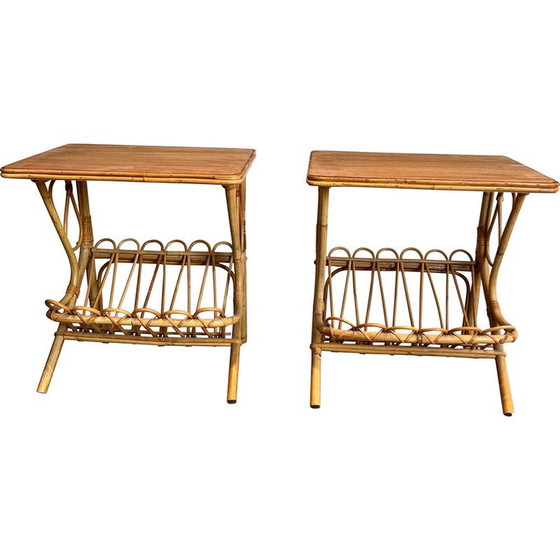 Image 1 of Paire de bouts de canapé vintage avec porte-revues en rotin, 1950