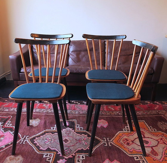 Image 1 of Ensemble de 4 chaises de salle à manger Mid Century avec pieds évasés et housses bleu-vert pétrole, 1950S-60S