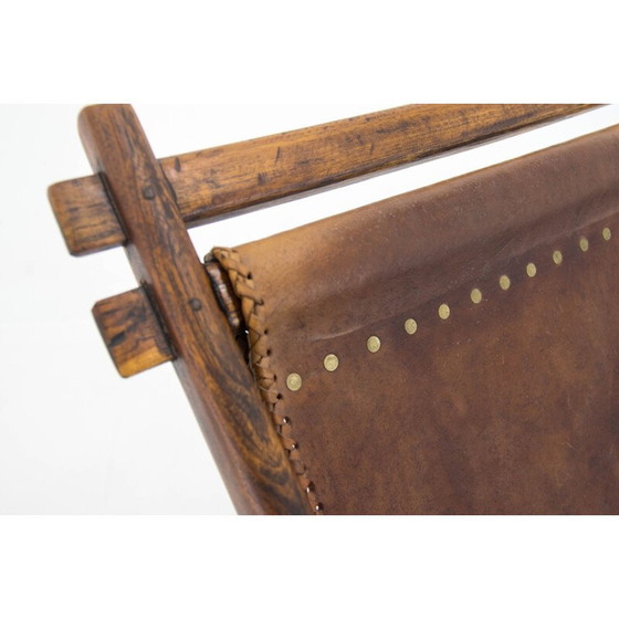 Image 1 of Fauteuil à bascule vintage en bois d'orme et cuir, Tchécoslovaquie années 1960