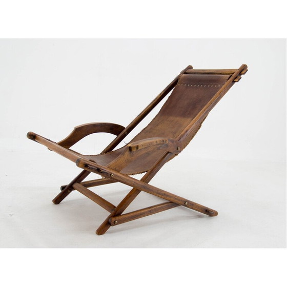 Image 1 of Fauteuil à bascule vintage en bois d'orme et cuir, Tchécoslovaquie années 1960