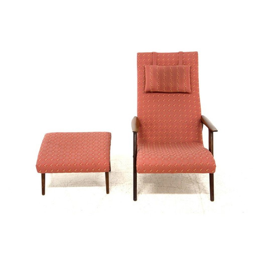 Fauteuil vintage avec repose-pieds en teck et tissu, Suède, années 1960