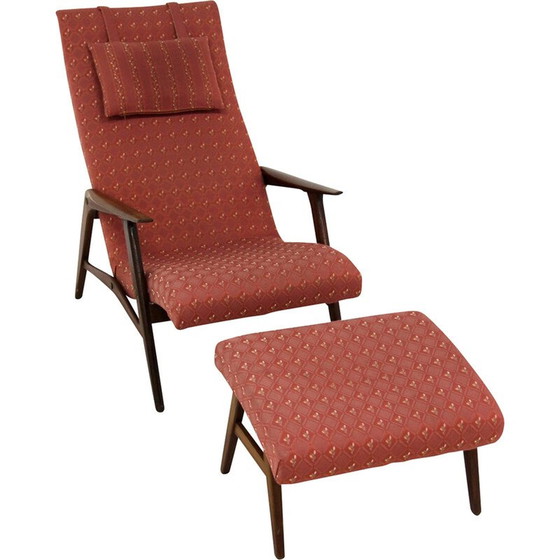 Image 1 of Fauteuil vintage avec repose-pieds en teck et tissu, Suède, années 1960