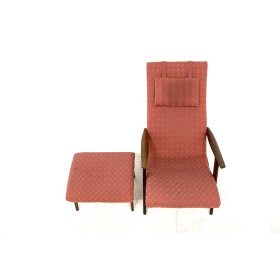 Image 1 of Fauteuil vintage avec repose-pieds en teck et tissu, Suède, années 1960