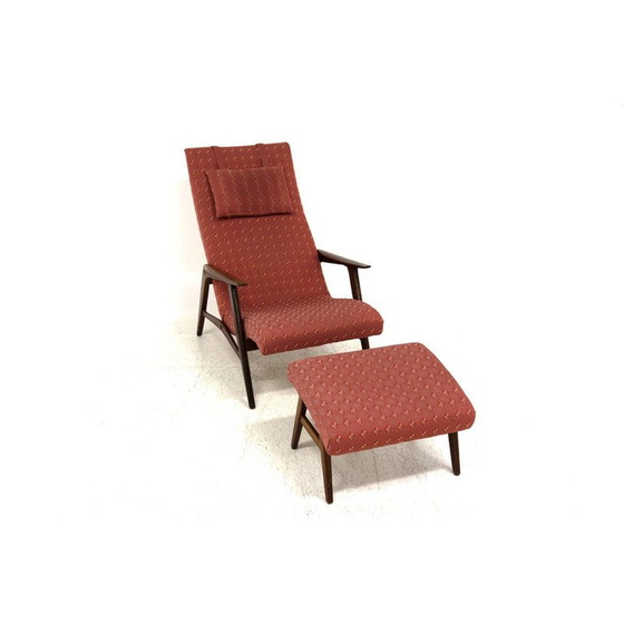 Image 1 of Fauteuil vintage avec repose-pieds en teck et tissu, Suède, années 1960