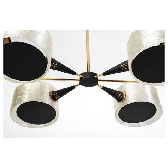 Image 1 of Lampe suspendue vintage en métal et résine à 6 bras, 1950