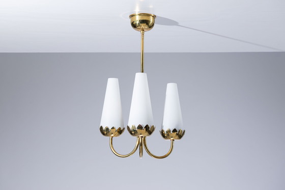 Image 1 of Lustre en laiton avec de beaux abat-jours en verre au lait.