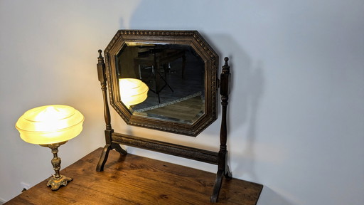 Miroir De Courtoisie Octogonal Biseauté Ancien En Bois Sculpté