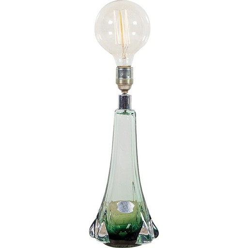 Lampe de table vintage en verre vert du Val Saint Lambert, années 1950