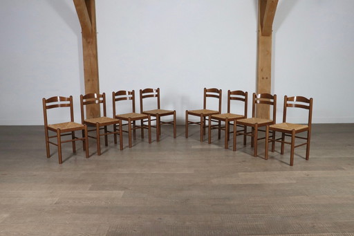 Chaises de salle à manger en chêne et jonc, France 1960S