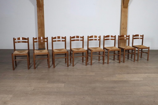 Chaises de salle à manger en chêne et jonc, France 1960S