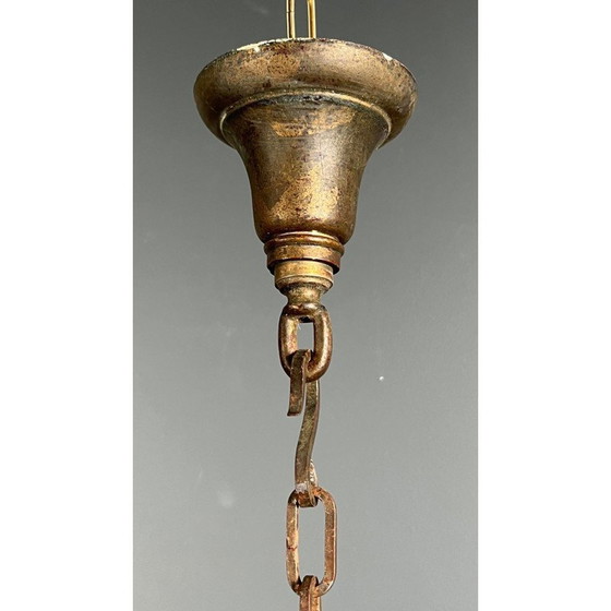 Image 1 of Lanterne vintage en fer forgé et verres bombés à 4 lumières, France 1940