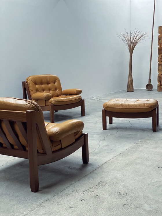 Image 1 of Carl Straub Midcentury Fauteuil Lounge & Ottoman Cuir Jaune Allemagne Années 1970