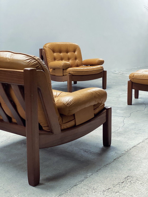 Image 1 of Carl Straub Midcentury Fauteuil Lounge & Ottoman Cuir Jaune Allemagne Années 1970