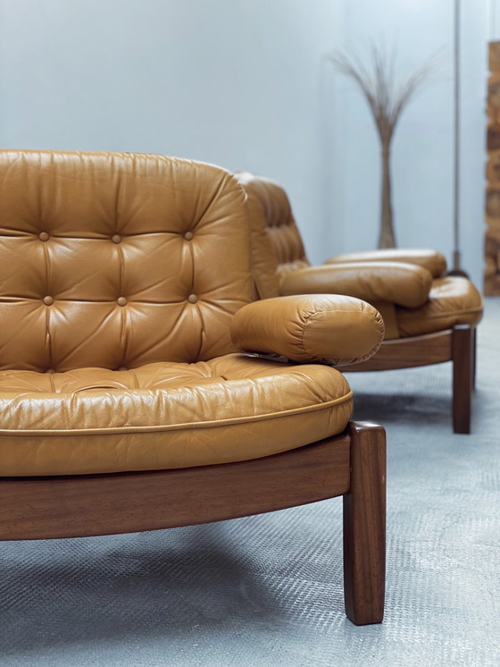 Image 1 of Carl Straub Midcentury Fauteuil Lounge & Ottoman Cuir Jaune Allemagne Années 1970