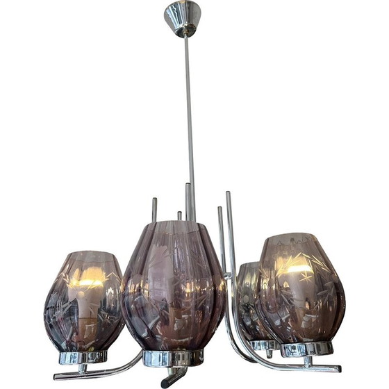 Image 1 of Lustre vintage Art Déco en chrome et verre ciselé violet