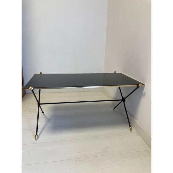 Image 1 of Table basse vintage avec opaline noire et base en fer par Maison Jansen