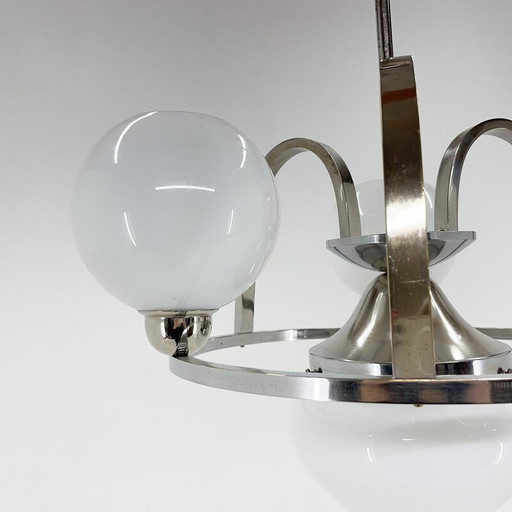 Lustre vintage Art Déco en chrome et verre de lait, années 1930