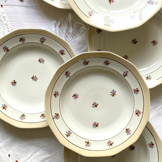Image 1 of Lot De 6 Assiettes Creuses M Et S Berry Petites Fleurs Et Dorure Porcelaine Ancienne Limoges