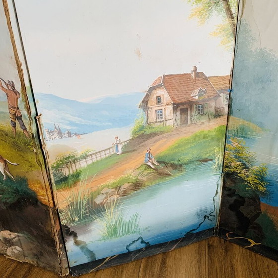Image 1 of Paravent vintage en toile peinte