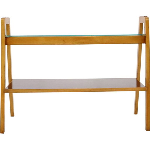 Table d'appoint vintage en bois de hêtre et verre, Tchécoslovaquie 1970