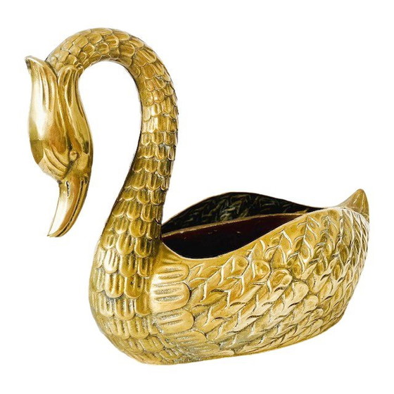 Image 1 of Pot de fleurs vintage en laiton avec cygne 1950s Hollywood regency