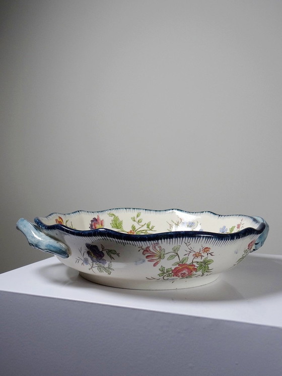 Image 1 of Coupe Longchamp Terre De Fer Ancien Faïence Polychrome Fleurs